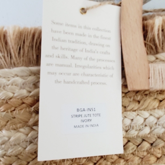 Antik Kraft Striped Jute Tote Ivory Large Beach Coastal Wood Handle Bag NEW - Picture 12 of 14